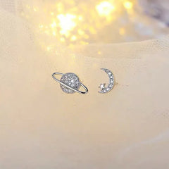 Simple Fashion Zircon Star Moon Mini Earrings for Women Cute Korean Planet Asymmetric close-up view