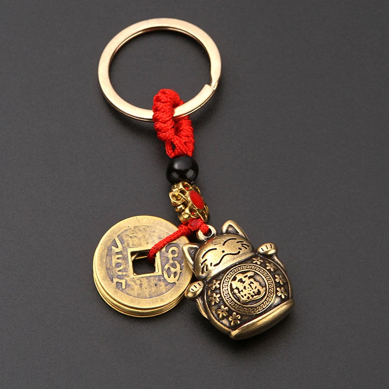 Handmade Brass Feng Shui Coins Keychain | Lucky Cat Car Keychain with Five Emperors Mone detail view