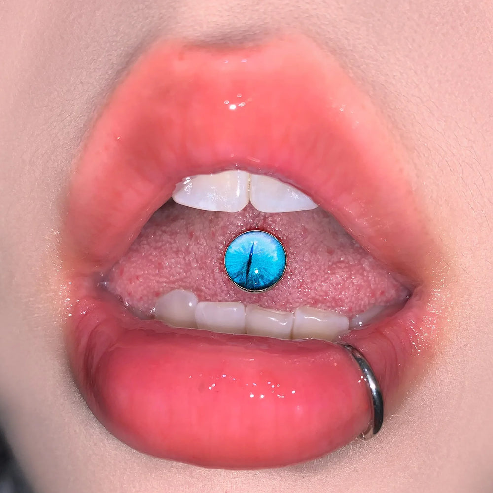 New Trendy Hypoallergenic Stainless Steel Colorful Eye Tongue Rings for Women Tongue S close-up view