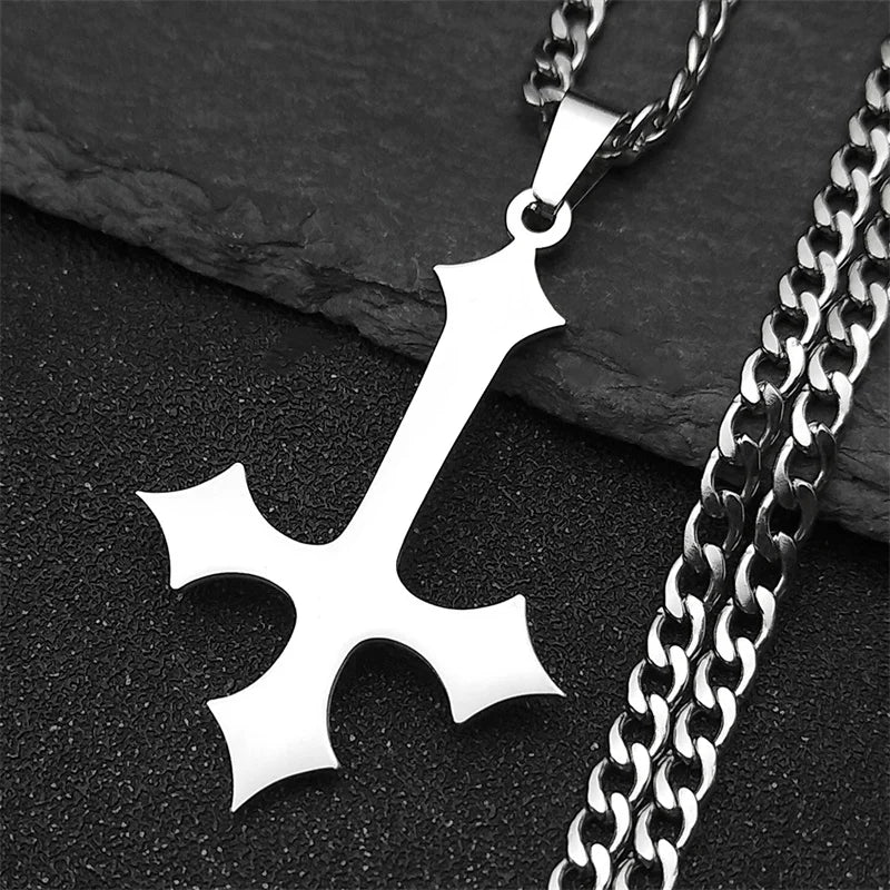 Goth Upside Down Cross Stainless Steel Pendant Necklace | Inverted Crucifix Gothic Je alternate view