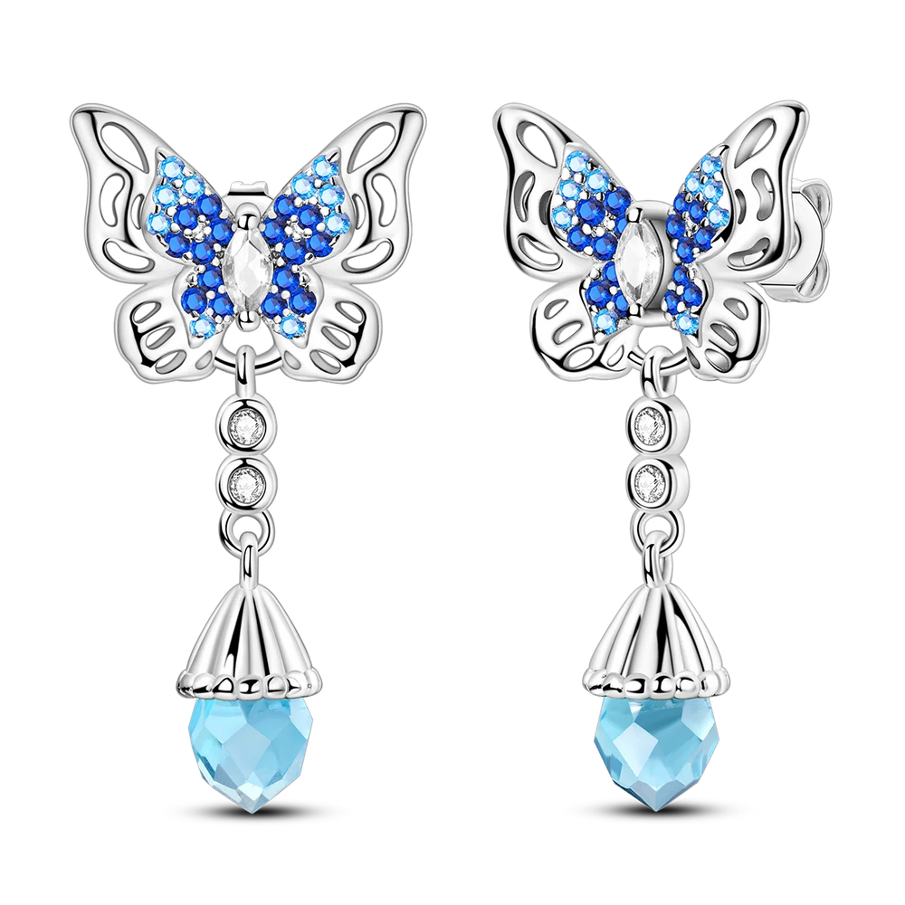 Original 925 Sterling Silver Blue Zirconium Butterfly Earrings Colored Hoop Earrings W close-up view