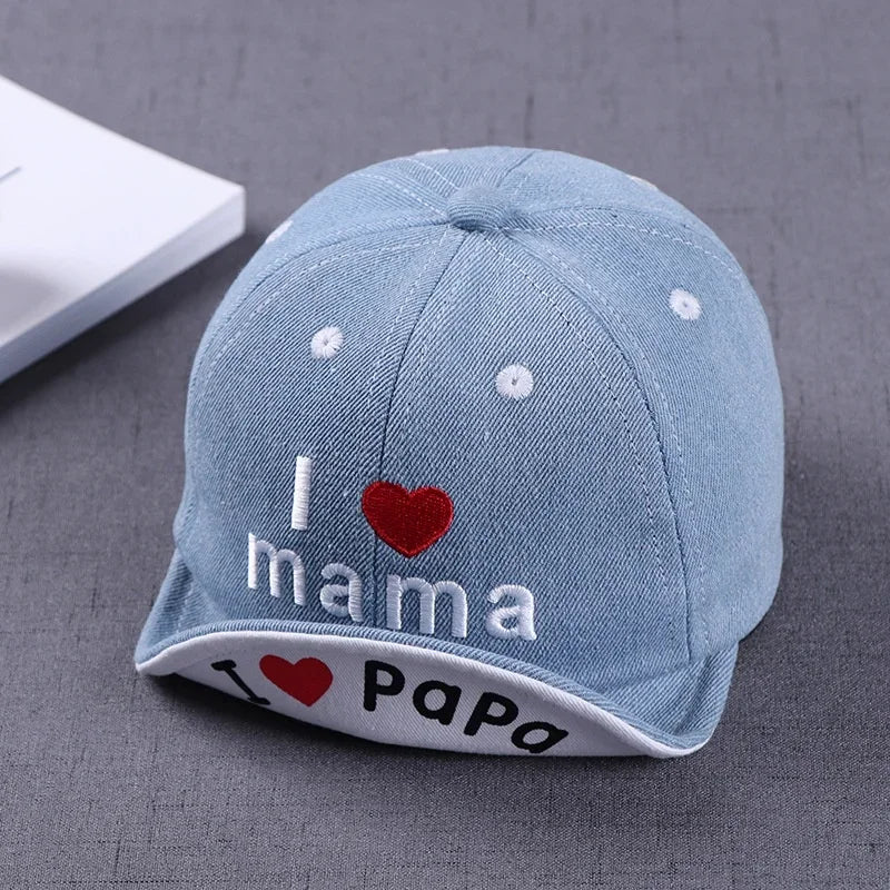 Baby Denim Baseball Cap with I Love Mama Lettering | Summer Hat for Boys and Girls additional angle