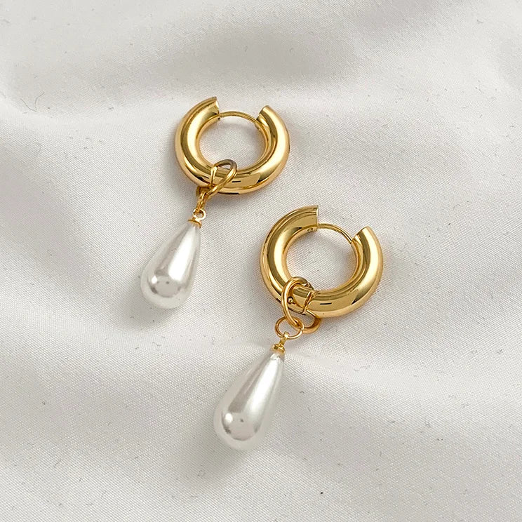 Trendy Asymmetry Pearl Drop Earrings | Stainless Steel Huggie Hoops for Women lifestyle view
