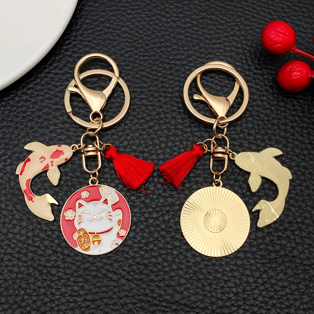 Japanese Maneki-neko (Lucky Cat) Keychain, Japanese Style Koi Fish Car Key Pendant, Crea detail view