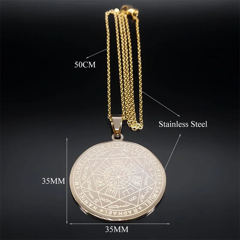 Seal of Seven Archangels Medal Stainless Steel Necklace Seal of Solomon Saint Michael lifestyle view