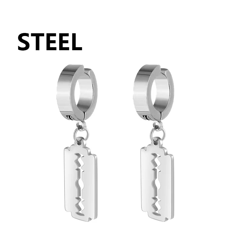 Vintage Razor Hollow Drop Earrings | Stainless Steel Punk Dangle Earrings for Men a additional angle