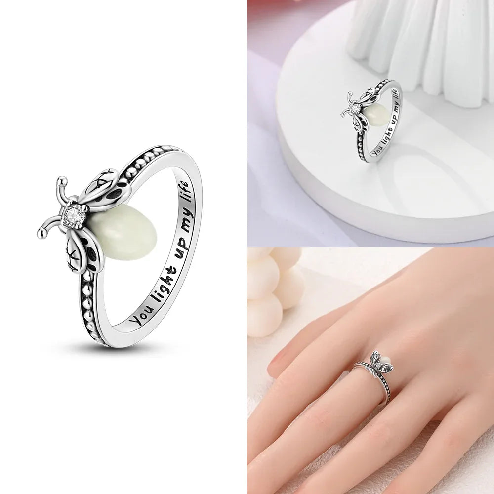 Original Romantic Heart-shaped White Zircon Shell Bowknot Rings 925 Sterling Silver W lifestyle view
