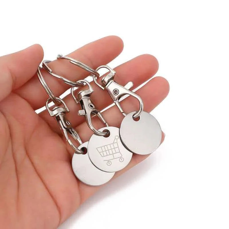 2pcs.Stainless Steel Supermarket Shopping Cart Token Keychain, Anti-loss Token Set Key close-up view