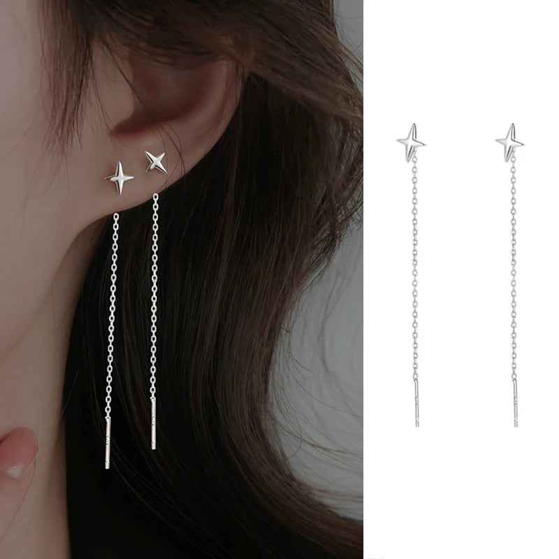 JWER S925 Silver Needle Star Line Earring for Women Tassel Drop Earring Long Chain Beads detail view