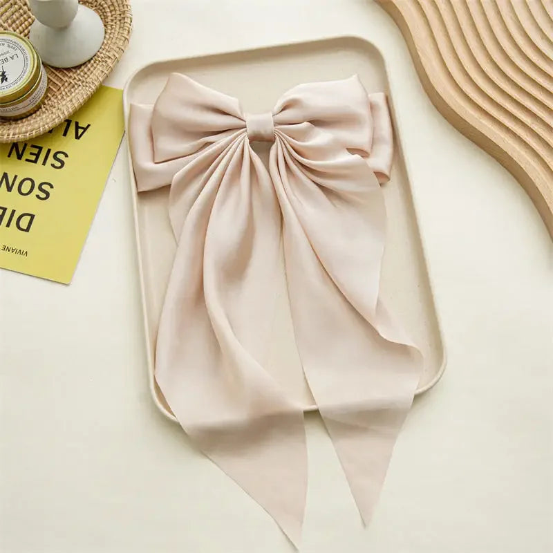 Korean Accessories Hair Clips for Women Girls Big Bowknot Solid Satin Long Ribbon Bow lifestyle view