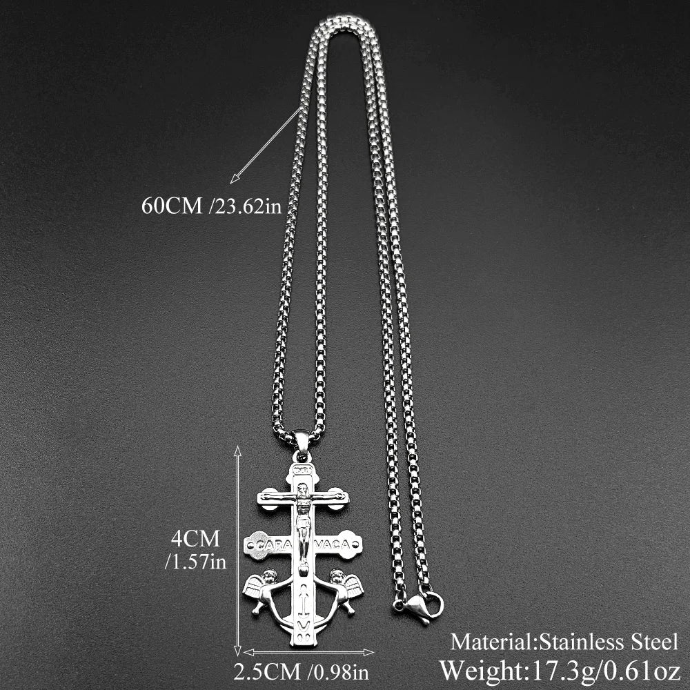 Catholic INRI Caravaca Cross Jesus Crucifix Cherub Angel Pendant Necklace for Women Me close-up view