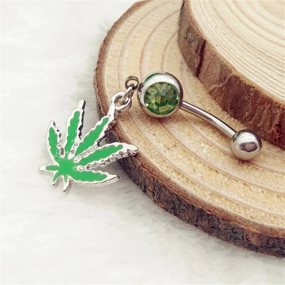 1/2pcs 316L Stainless Steel Leaf Belly Button Ring for Women, Green Maple Leaf Dang additional angle