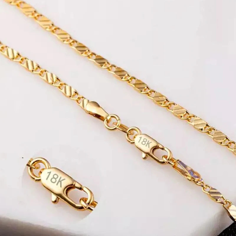 Fashion 18k Gold Necklace 2MM 16/18/20/22/24/26/28/30 Inch Side Chain Necklace For Women Men Jewelry