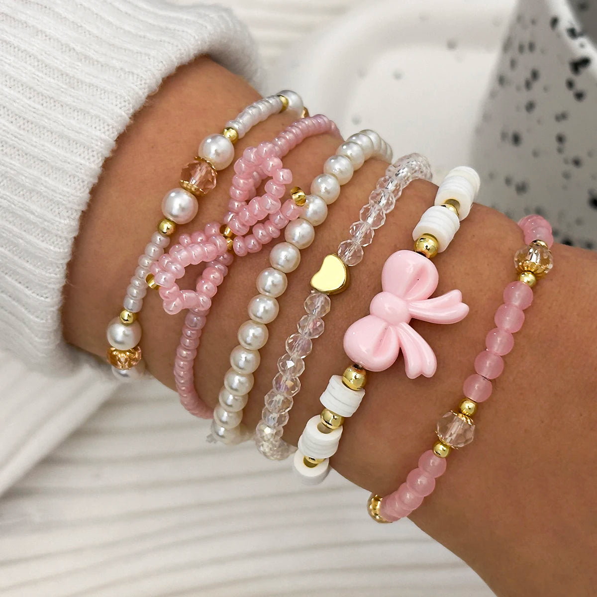 6 Pcs Pearl Beaded Bow Bracelets Set for Women