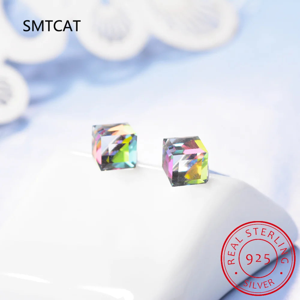 Cube 1.2ct Natural Sky Blue Topaz 925 Sterling Silver Geometric Stud Earrings for W additional angle