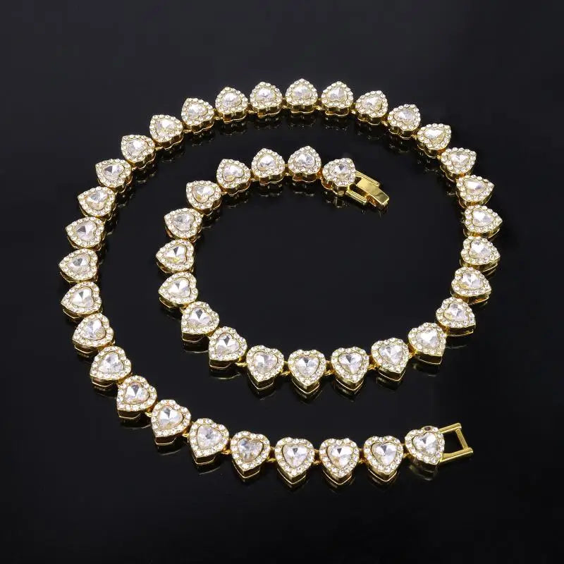 Shiny Heart Rhinestone Hip Hop Chain Necklace and Bracelet Set | Hip Hop Jewelry detail view
