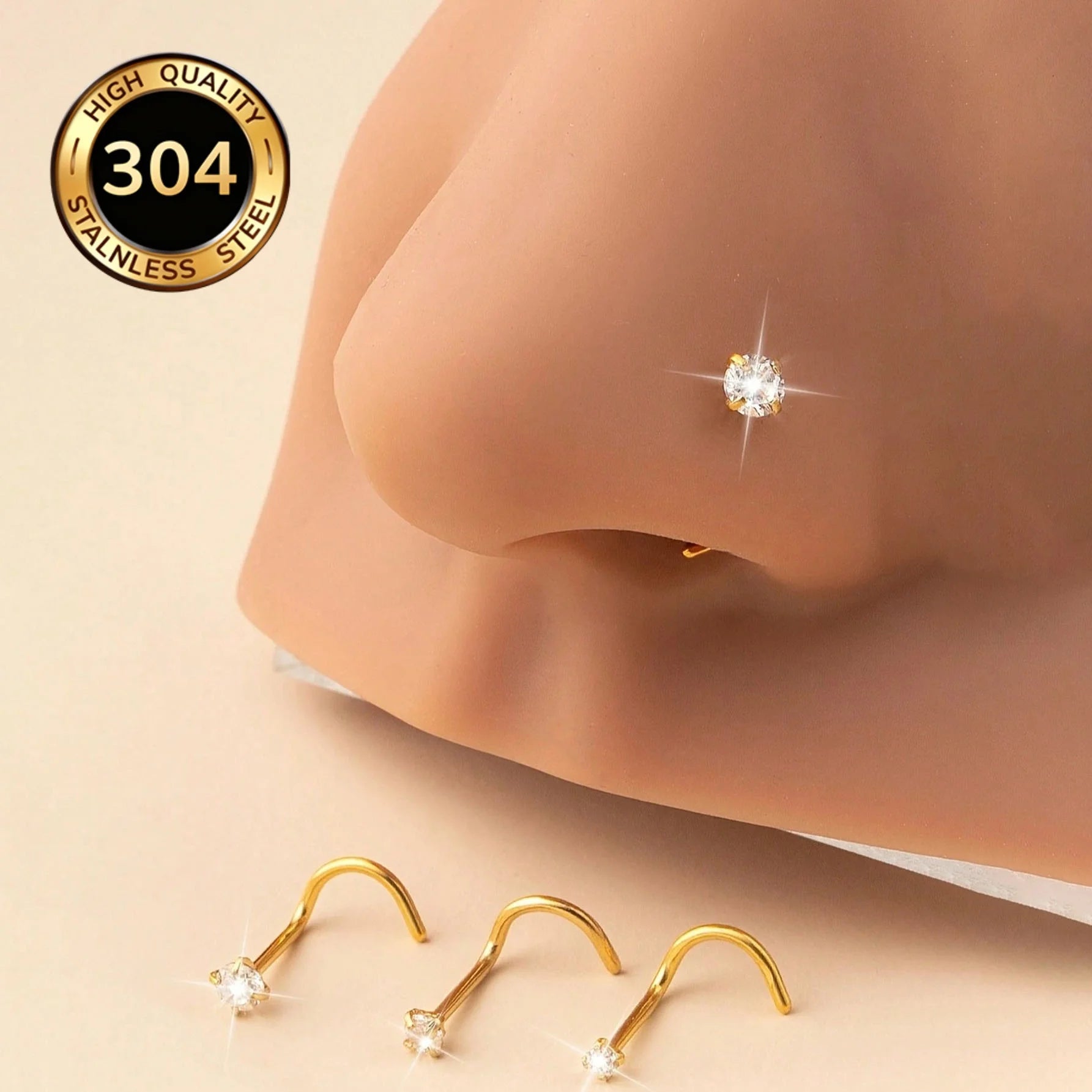 1/3/5Pcs Minimalist Curved Bar Nose Studs Stainless Steel CZ Inlaid Nose Piercing Jewelry For Women