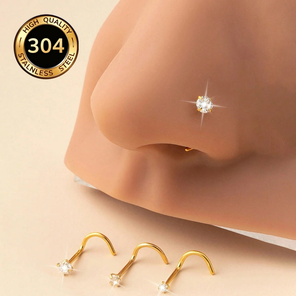 1/3/5Pcs Minimalist Curved Bar Nose Studs Stainless Steel CZ Inlaid Nose Piercing Jewelry For Women