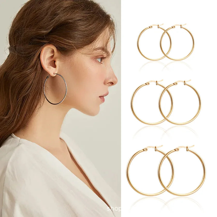 Gold Color Stainless Steel Hoop Earrings For Women Men Big/Small Circle Round Ear J additional angle