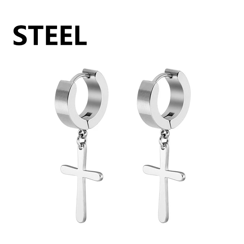 2pc Stainless Steel Men Cross Stars Punk Dangle Earrings Gothic Woman Cross Ear Hoop E close-up view