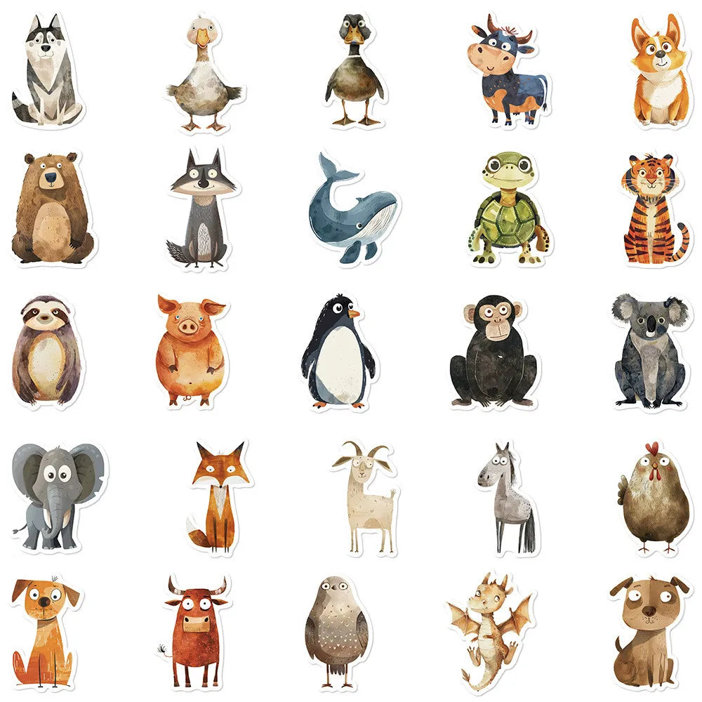 50 Pcs Quirky Watercolor Animal Cartoon Stickers | DIY Decals for Luggage, Laptops additional angle