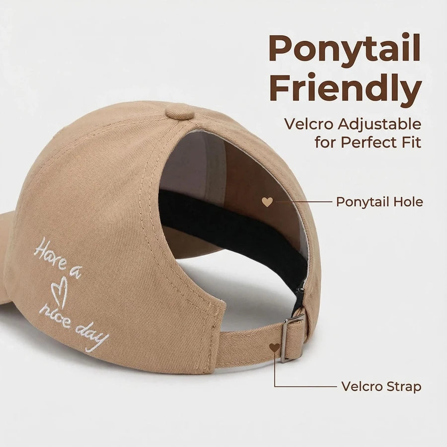 Sweet Heart Kids Girl Hat | Embroidery Cotton Ponytail Baseball Cap for Spring Summer close-up view