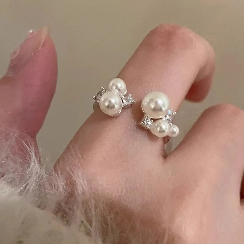 PANJBJ 925 Sterling Silber Perlen Unregelmäßiger Ring | Damen Muschel Überlappend Hohl Süßes Design Schmuck