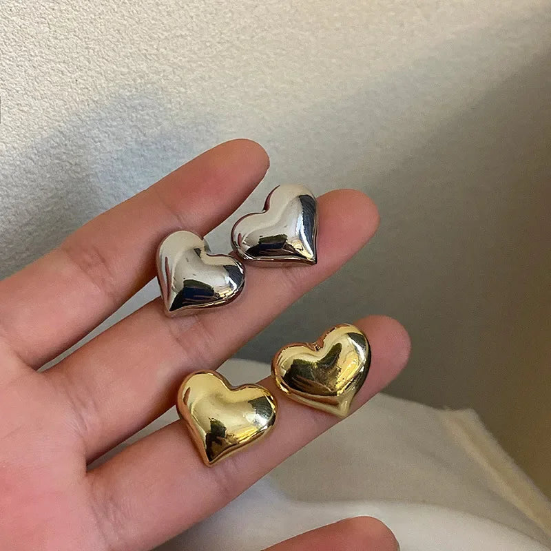 Gold Color Smooth Surface Love Heart Shaped Stud Earrings Women Minimalist Fashion additional angle