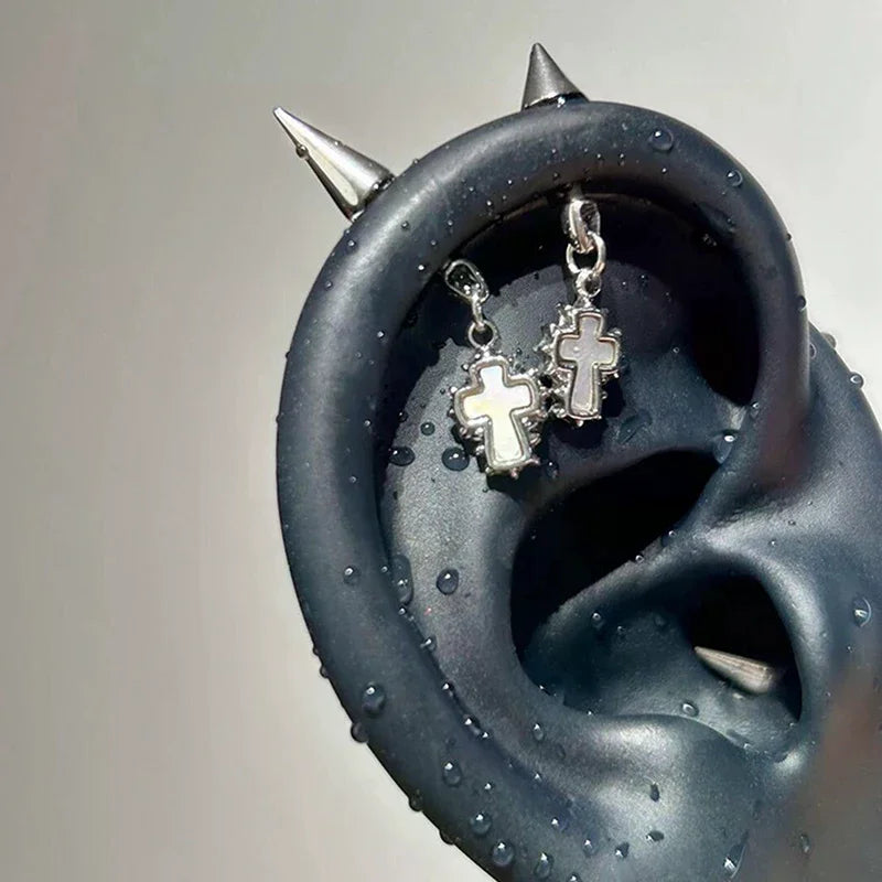 Silver Color Pointed Cone Cross Pendant Ear Bone Nail For Women Earring Puncture Gothic detail view