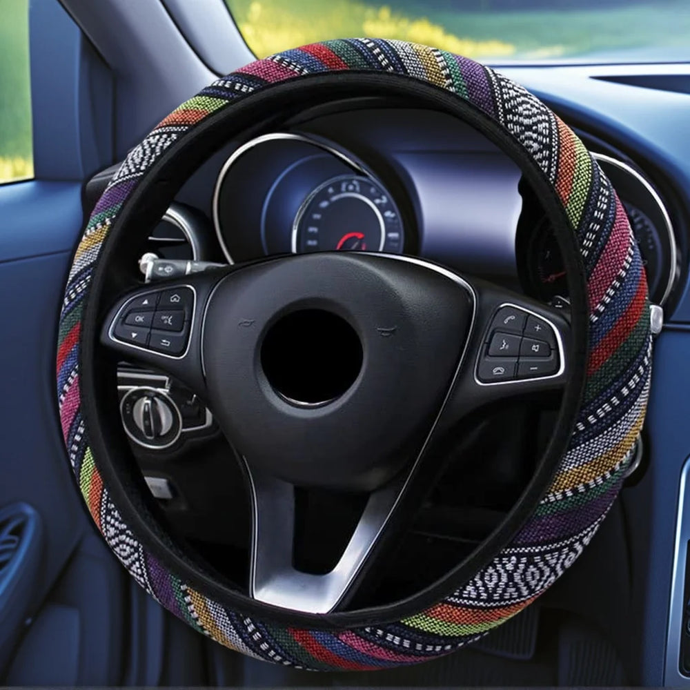 Ethnic Style Elastic Car Steering Wheel Cover No Inner Ring Suitable for 15inch Cars SUVs Men Women