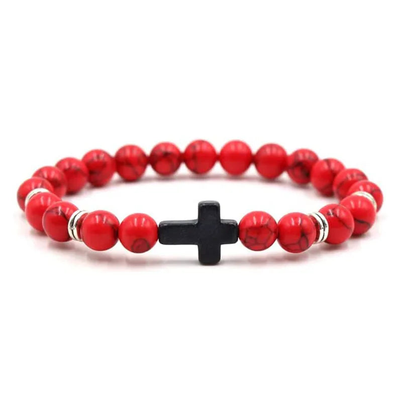 Prayer Men Natural Stone Wood Beads Rosary Hematite Cross Bracelets Onyx Meditation additional angle