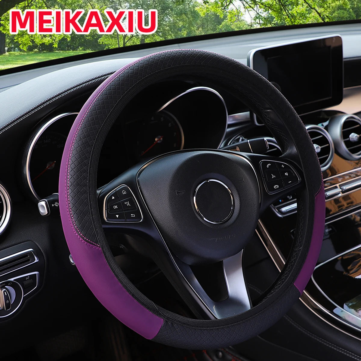 PU leather checkered embossed multi-color car rimless steering wheel cover suitable fo close-up view