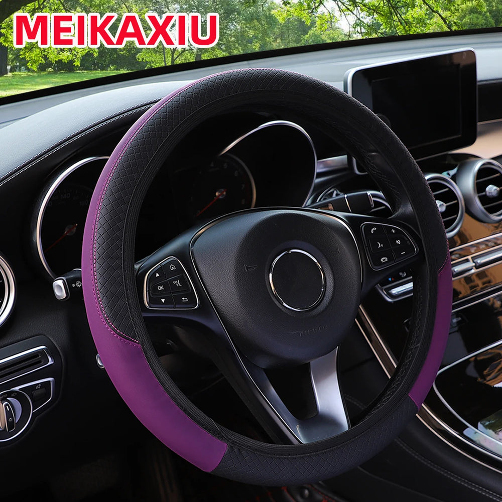 PU leather checkered embossed multi-color car rimless steering wheel cover suitable fo close-up view