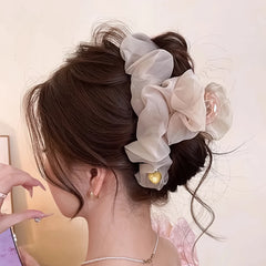 Gentle Large Hair Claw For Women Trendy Elegant Pleated Mesh Shark Gripper Korean Styl close-up view