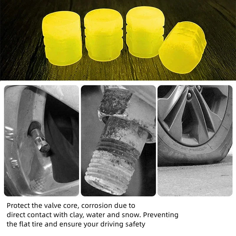 Automobile Tire Valve Cap Fluorescent Yellow Night Glowing Car Motorcycle Wheel Styling detail view