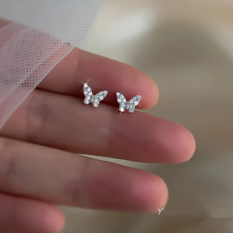 925 Silver Needle Simple Shiny Zircon Earrings Gold Plating Jewelry Crystal Stud Earring detail view