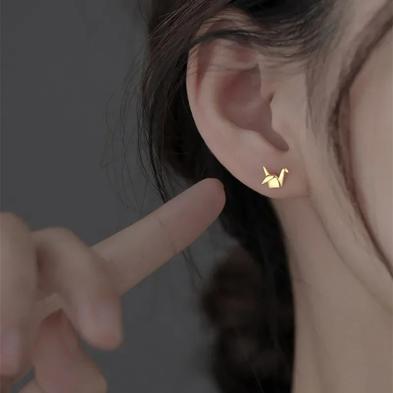 925 Sterling Silver Paper Crane Stud Earrings | Cute Mini Piercing Earrings for Women lifestyle view