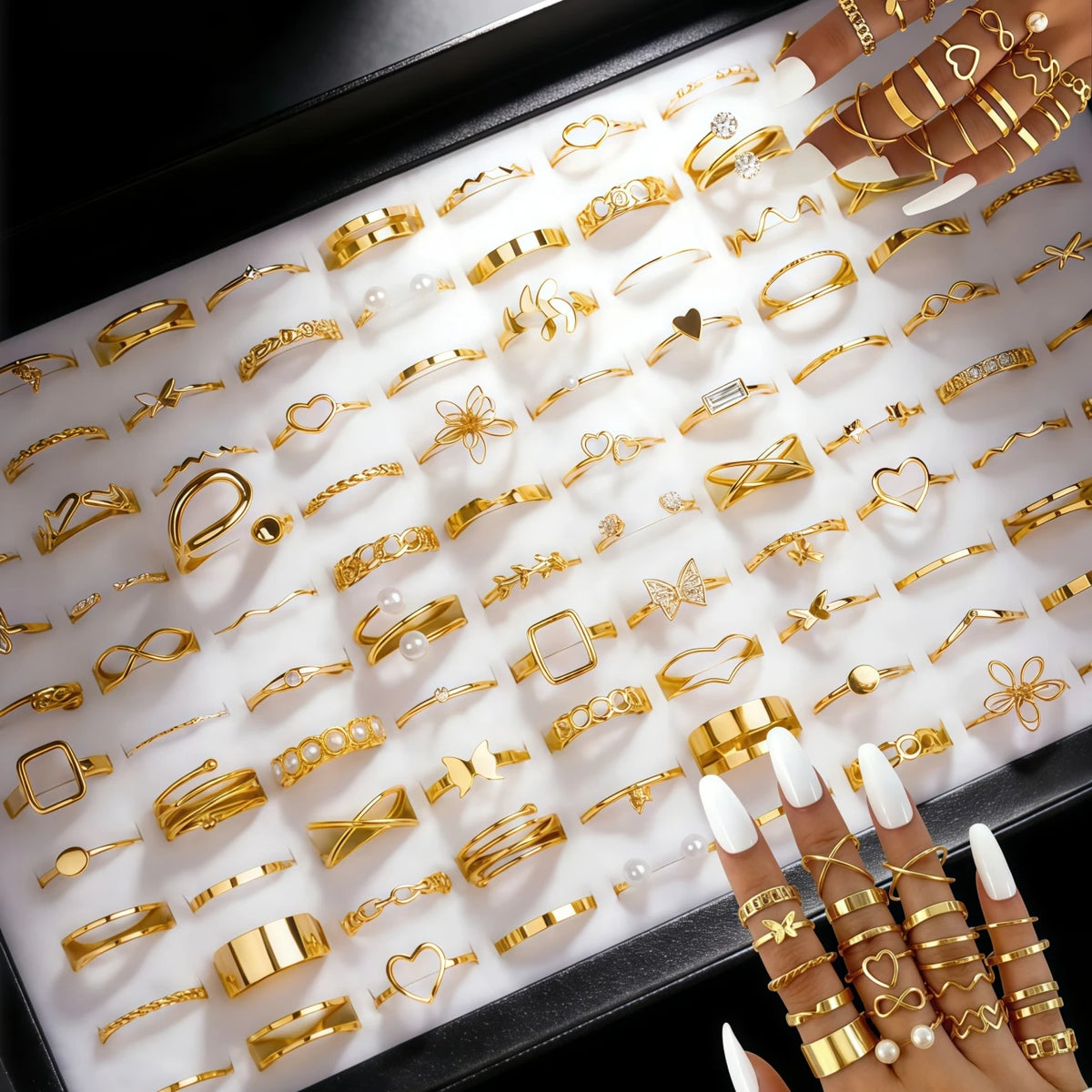 10/20/30/50/100Pieces Fashion Hollow-Out Rings Set For Women Mix Style Trendy Flowers Heart Butterfl