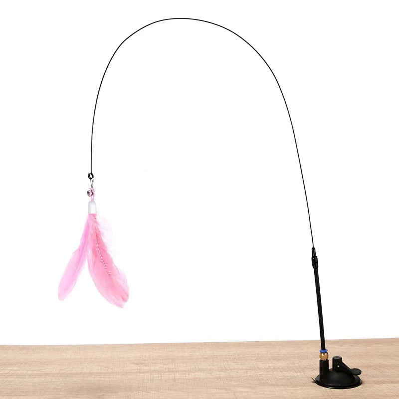 Long Pole Cat Teaser Toy with Steel Wire Feather and Sucker Cute Rotating Kitten Stick close-up view