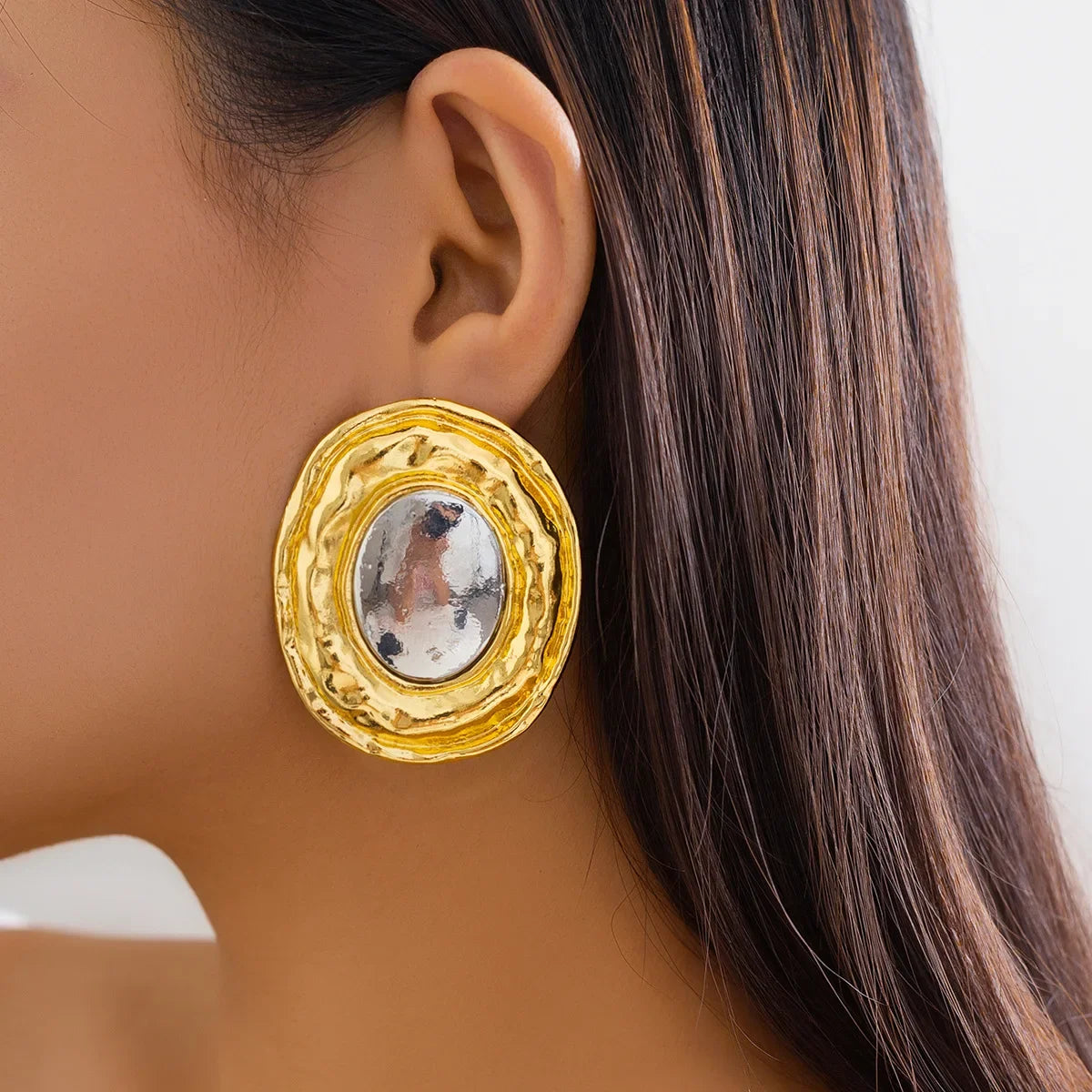 Oversize Glossy Round Circle Stud Earrings | Gold Plated Thick Hoop Jewelry alternate view
