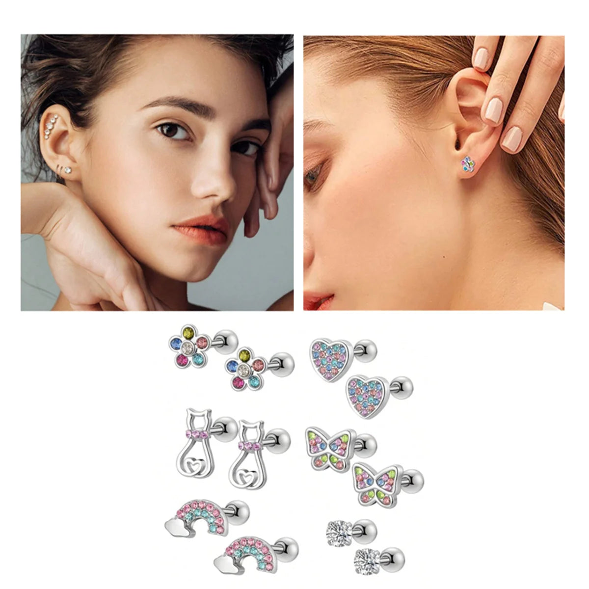 EVISPOL 2-12pcs 316L Stainless Steel Screw Back Stud Earrings Butterfly Heart Flower lifestyle view
