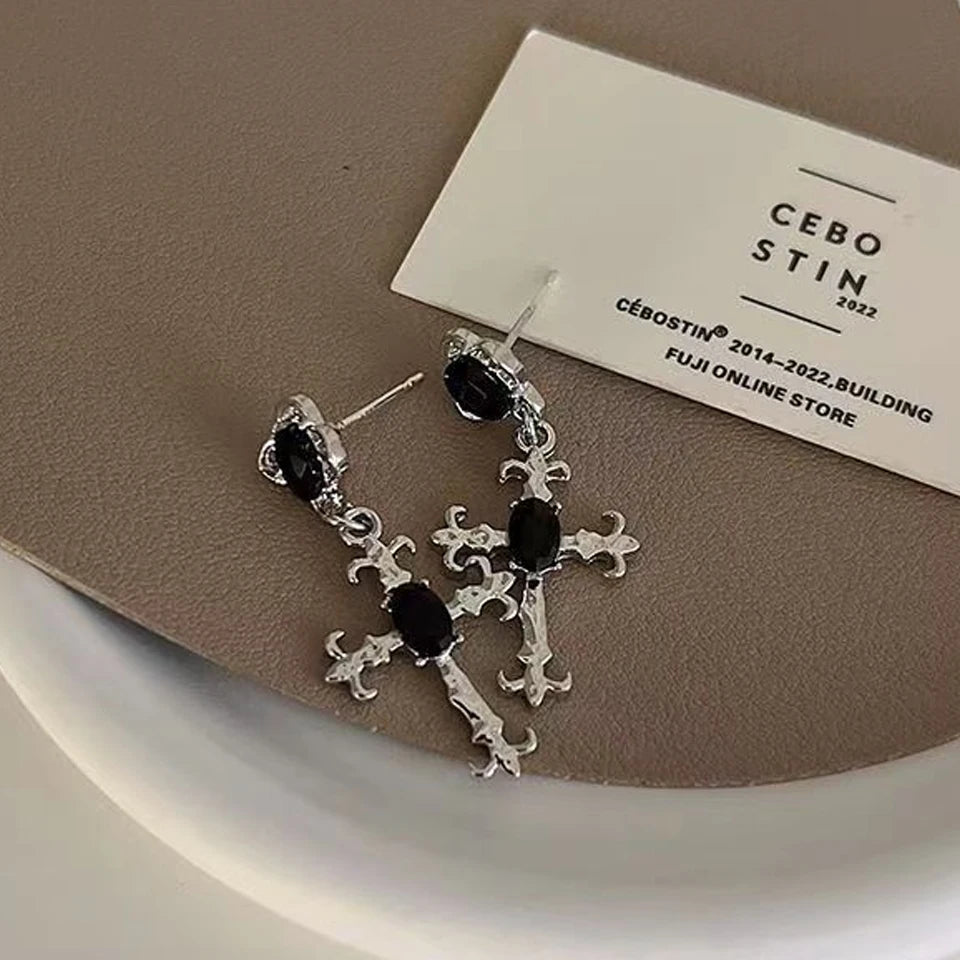 Yupsk Punk Fashion Black Crystal Stone Cross Drill Drop Earring for Women Girls Hallow close-up view