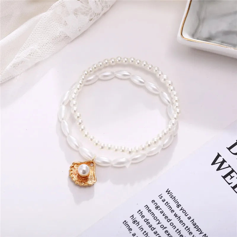 Modyle New Fashion Bohemian Simulated Pearl Chain Wedding Anklet Bracelet for Women Go close-up view