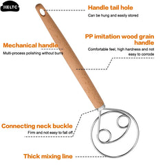 10 Inch Danish Dough Whisk | Stainless Steel Hand Blender with Wood Handle