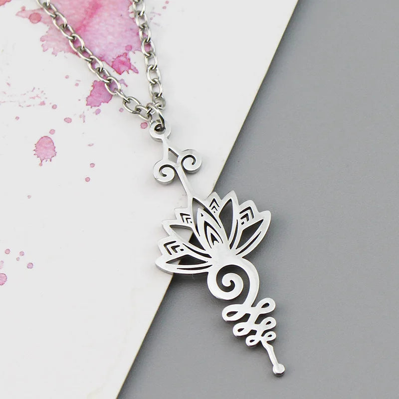 Stainless Steel Unalome Pendant Necklace | Yoga Jewelry with Lotus Flower lifestyle view
