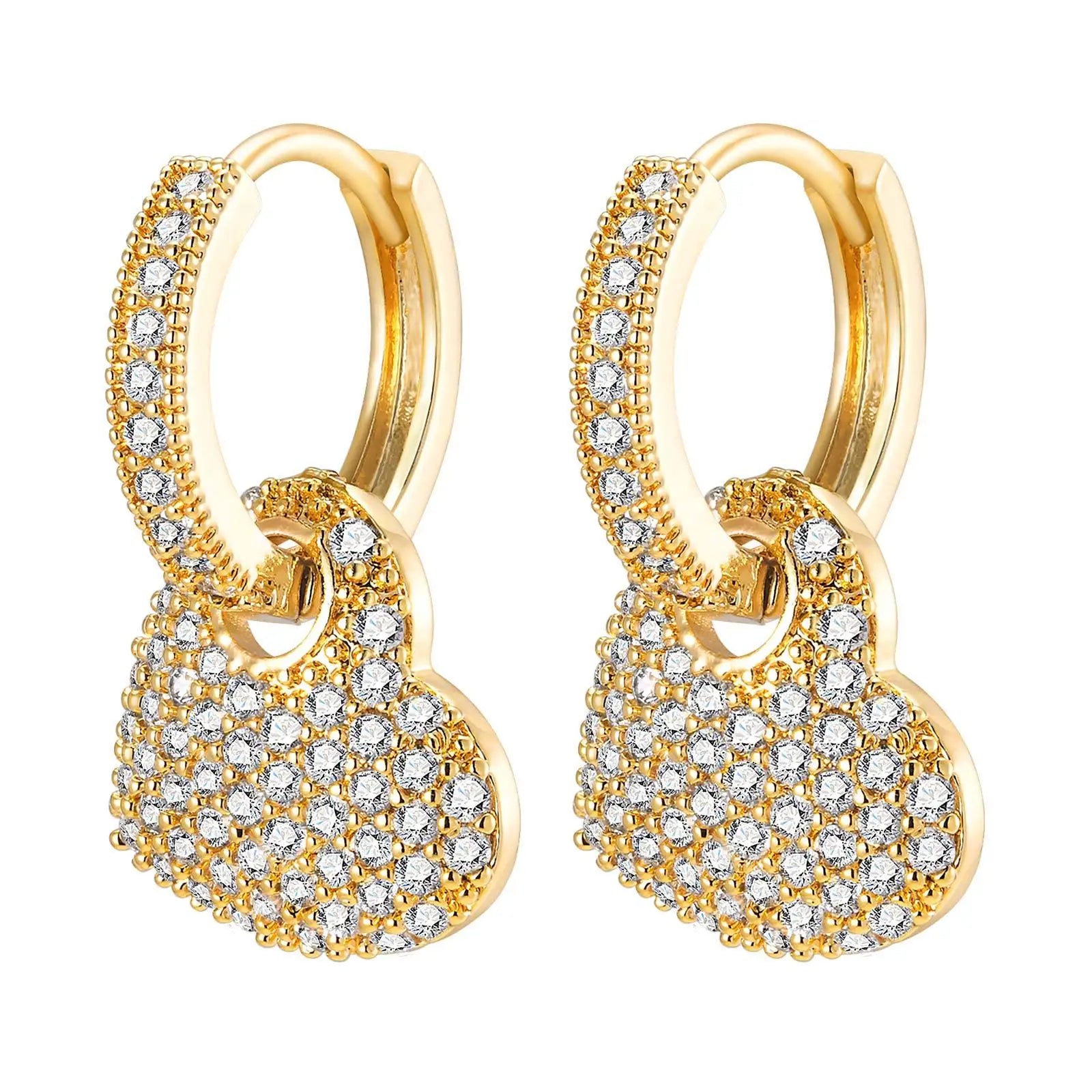 Trendy Gold Plated White CZ Stone Ear Jewelry Heart Huggie Hoop Earrings Dainty Drop E close-up view