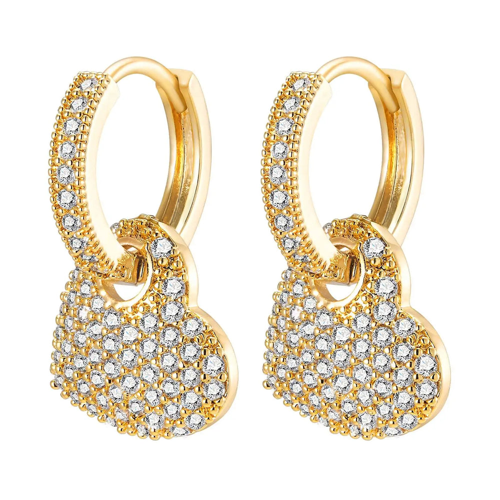 Trendy Gold Plated White CZ Stone Ear Jewelry Heart Huggie Hoop Earrings Dainty Drop E close-up view