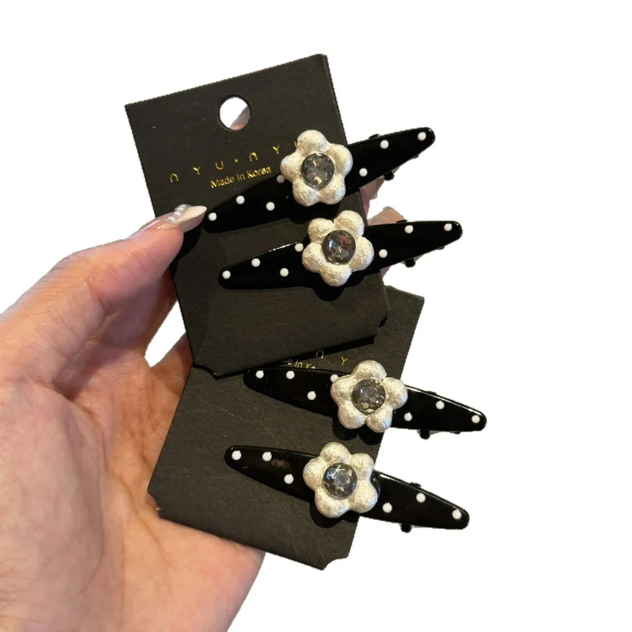New Sweet Polka Dot Pearl Flower Clip Womens Bangs Clip Elegant Fashion Korean Style Duckbill Hair Rhinestone Accessory Pair Set