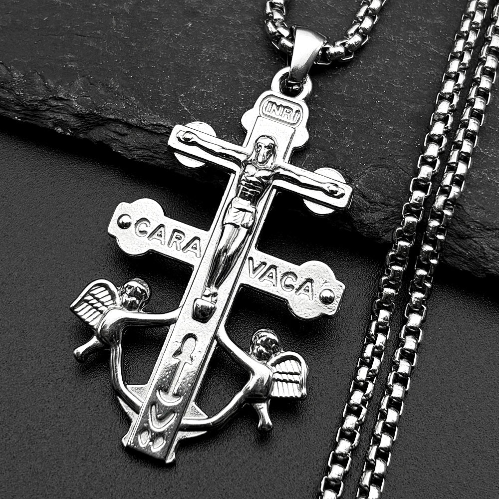 Catholic INRI Caravaca Cross Jesus Crucifix Cherub Angel Pendant Necklace for Women M lifestyle view