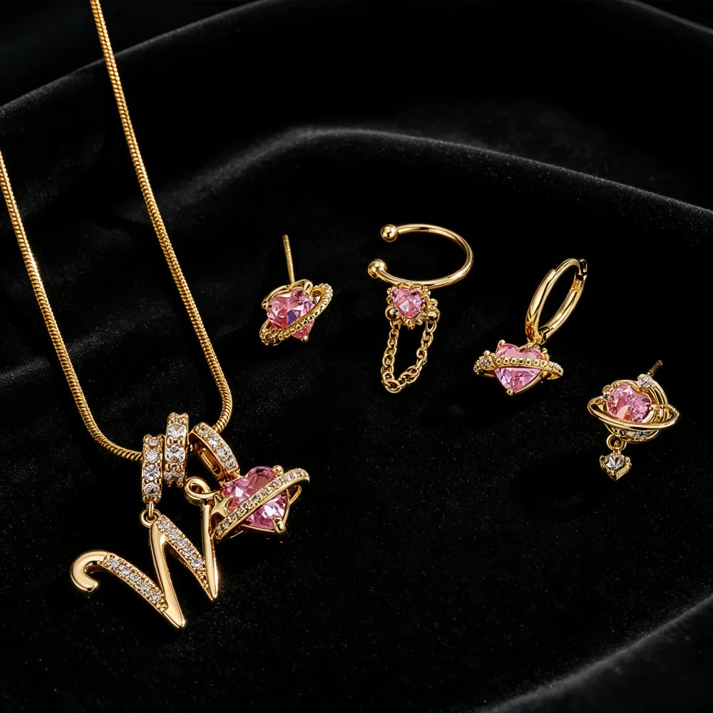 Gold Color Zircon Flower Pendant Necklace Female A-Z 26 Letter Alphabet Wedding Jewelr close-up view